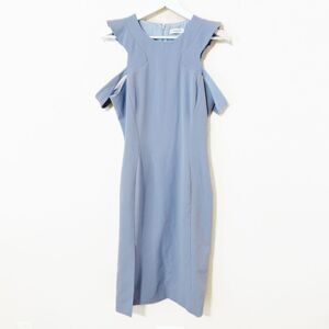 Mugler Blue Fitted Side Slit Shoulder Cut Out Crepe Ruffle Sleeve Dress FR 40